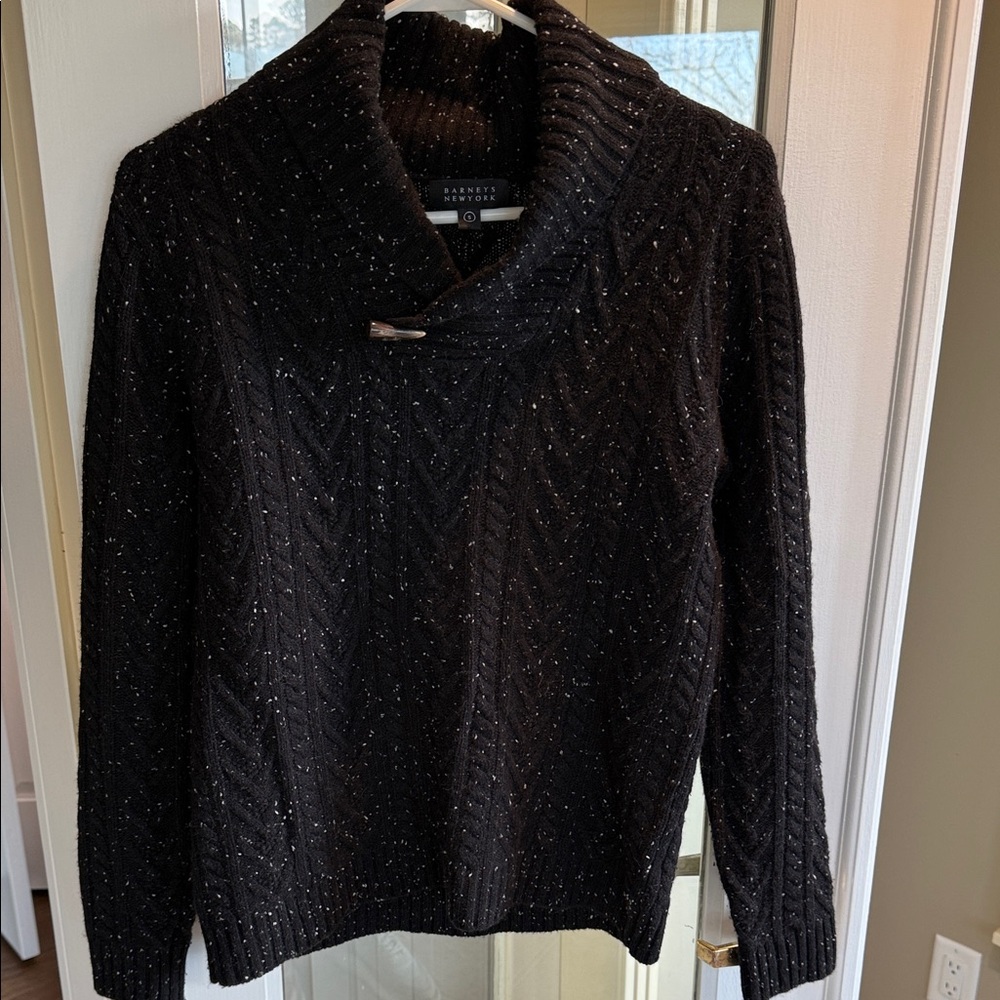 Barneys New York Black Cashmere Speckled Cable Shawl Collar Sweater
